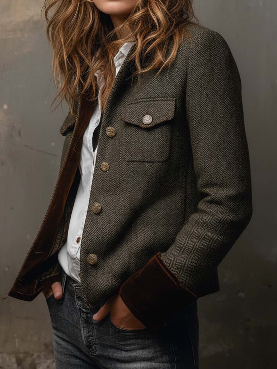 Honorine | Blazer Vintage Espiga con Ribetes Contrastantes