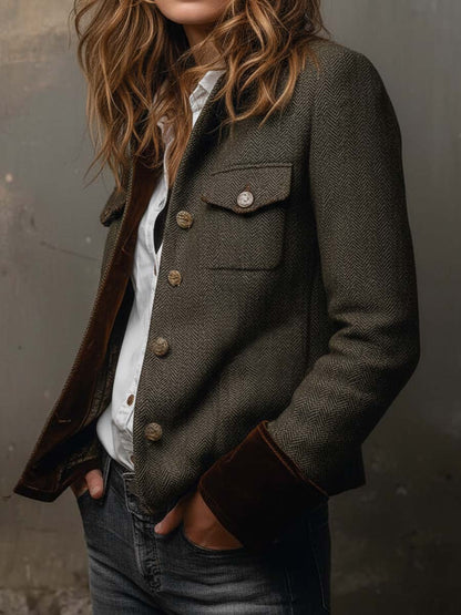 Honorine | Blazer Vintage Espiga con Ribetes Contrastantes