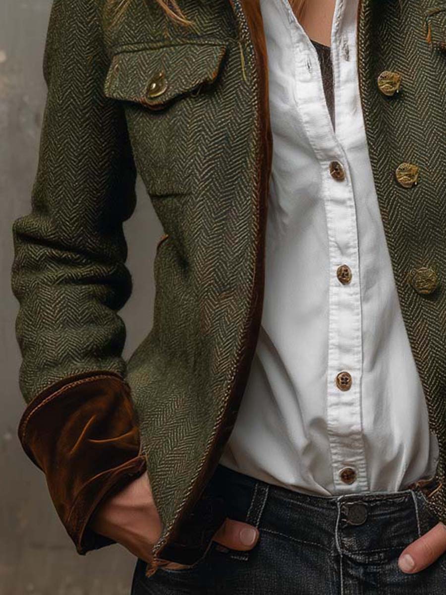 Honorine | Blazer Vintage Espiga con Ribetes Contrastantes