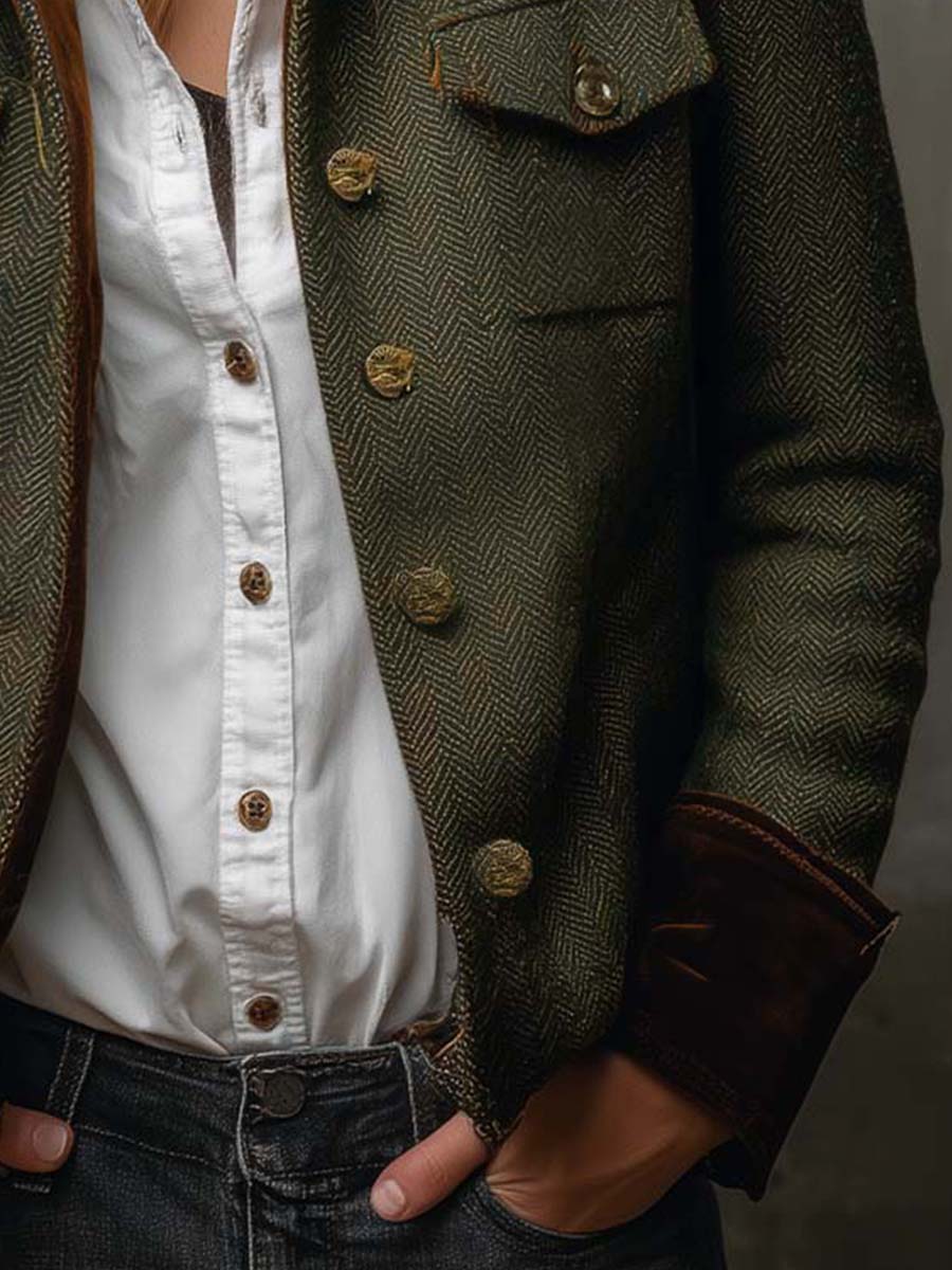 Honorine | Blazer Vintage Espiga con Ribetes Contrastantes