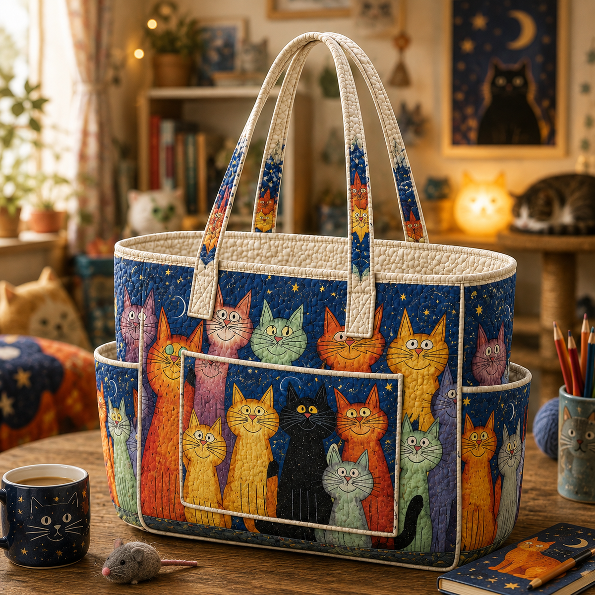 Léonie | Bolso Tote Acolchado con Gato de Colores